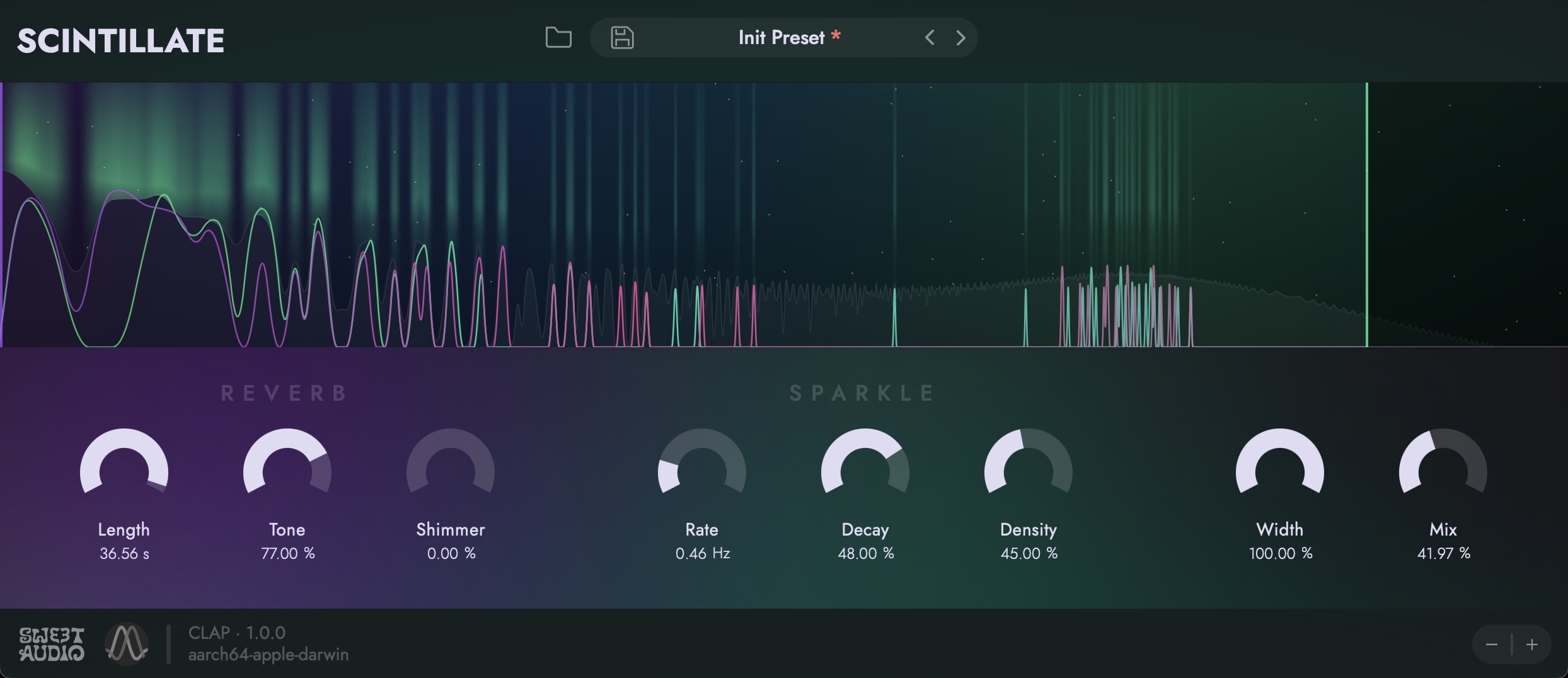 The Scintillate plugin interface: reverb and sparkle sections with rotary controls